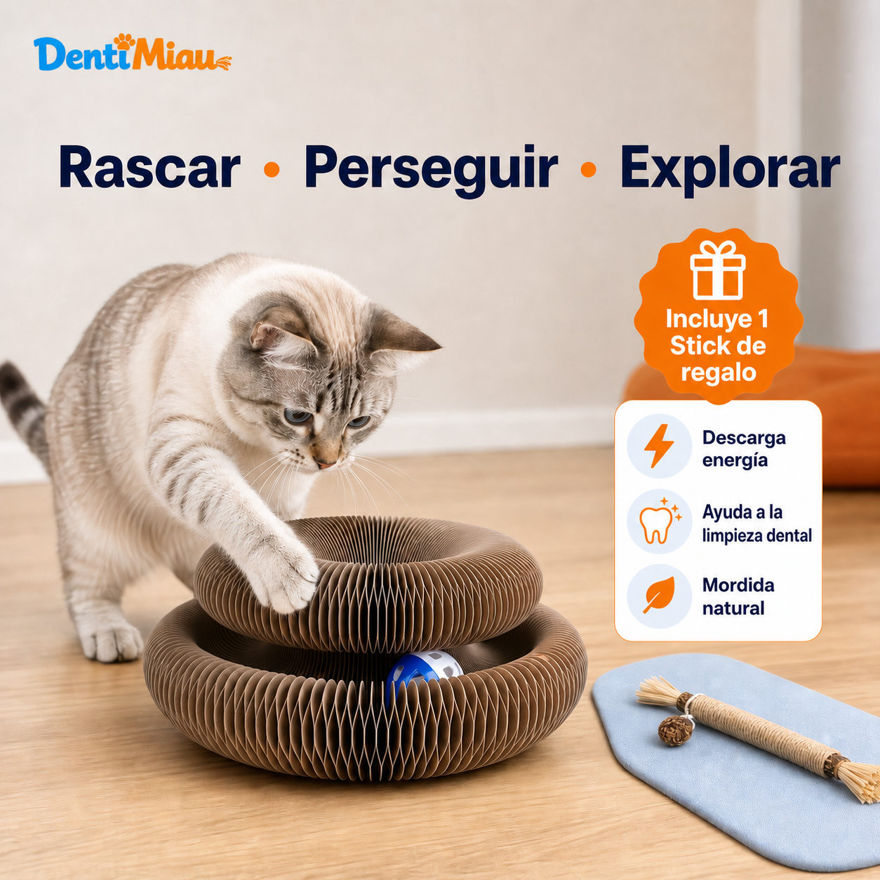 RascaMiau 360™ | Rascador Interactivo Transformable con Pelota